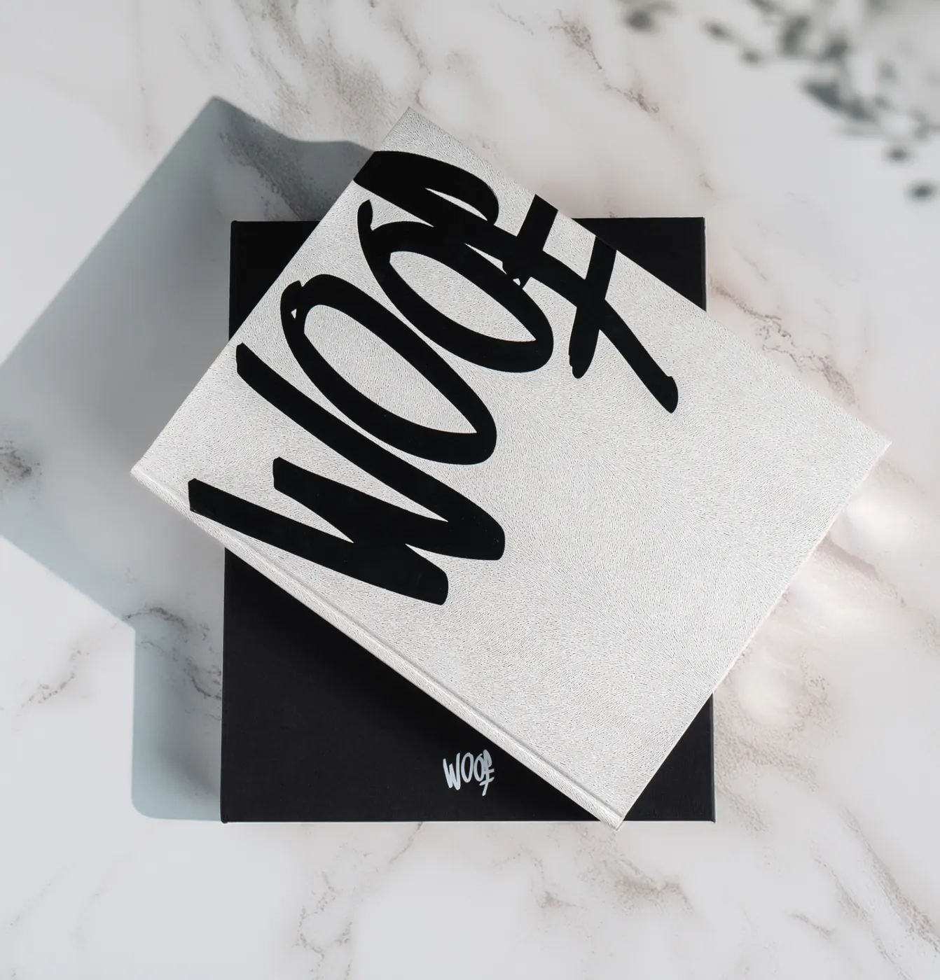 Libro WOOF — portada blanca con tipografía negra manuscrita sobre estuche negro.